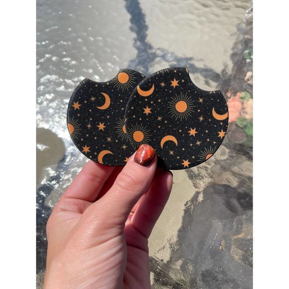 Boho Black Moon & Stars Car Coaster Set  | Witchy Car Accessories - Picture 3 of 11